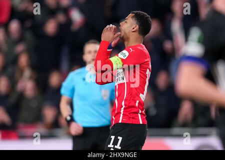 Eindhoven, Niederlande. 10. März 2022. EINDHOVEN, NIEDERLANDE - 10. MÄRZ: Cody Gakpo vom PSV reagiert während der UEFA Conference League Runde von 16 Leg One Spiel zwischen PSV Eindhoven und F.C. Kopenhagen im PSV-Stadion am 10. März 2022 in Eindhoven, Niederlande (Foto: Patrick Goosen/Orange Picics) Quelle: Orange Pics BV/Alamy Live News Stockfoto