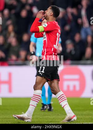 Eindhoven, Niederlande. 10. März 2022. EINDHOVEN, NIEDERLANDE - 10. MÄRZ: Cody Gakpo vom PSV reagiert während der UEFA Conference League Runde von 16 Leg One Spiel zwischen PSV Eindhoven und F.C. Kopenhagen im PSV-Stadion am 10. März 2022 in Eindhoven, Niederlande (Foto: Patrick Goosen/Orange Picics) Quelle: Orange Pics BV/Alamy Live News Stockfoto