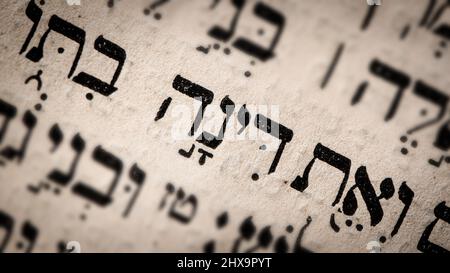 Hebräisches Wort auf der Torah-Seite. Englische Übersetzung ist Name Dinah. Ein Tochter die Jakob und Lea. Selektiver Fokus. Nahaufnahme Stockfoto