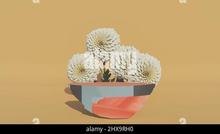 Hintergrund für kosmetische Produkte von natürlichen Pastellfarben. Podium aus Stein und trockene Blume auf weißem Hintergrund. Vorderansicht. 3D Rendern. Stockfoto