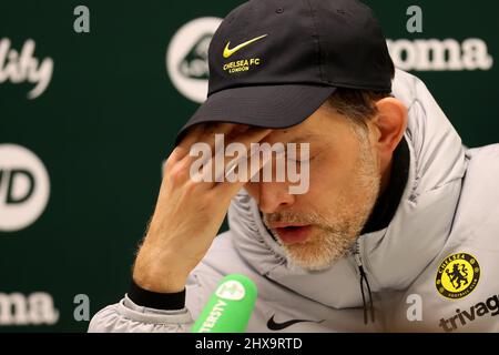 Norwich, Großbritannien. 10. März 2022. 10.. März 2022 ; Carrow Road, Norwich, Norforlk, England; Premier League Football, Norwich gegen Chelsea: Chelsea-Manager Thomas Tuchel während seiner Pressekonferenz nach dem Spiel Credit: Action Plus Sports Images/Alamy Live News Stockfoto