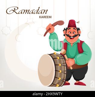 Ramadan Kareem Grußkarte. Frohes Ramadan. Lustige Zeichentrickfigur spielen Trommel. Stock Vektorgrafik für traditionelle Feiertage auf weißem Hintergrund Stock Vektor