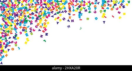 Fallende Buchstaben der englischen Sprache. Bunte fliegende Wörter des lateinischen Alphabets. Fremdsprachen Studienkonzept. Schönes Banner auf dem Rücken zur Schule Stock Vektor