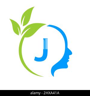 Tree Brain auf J Letter Logo Design. Blattkopfschild Vorlage Gesundheit Und Fitness, Eco Blatt Denkkopf Konzept Vektor Stock Vektor