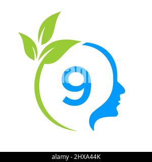Baum Gehirn Auf 9 Buchstaben Logo Design. Blattkopfschild Vorlage Gesundheit Und Fitness, Eco Blatt Denkkopf Konzept Vektor Stock Vektor