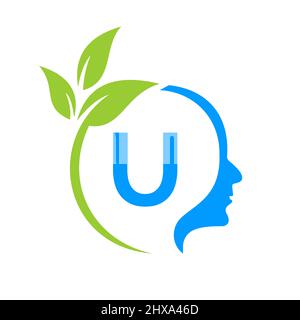 Baum Gehirn auf U Buchstabe Logo Design. Blattkopfschild Vorlage Gesundheit Und Fitness, Eco Blatt Denkkopf Konzept Vektor Stock Vektor