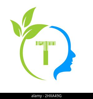 Tree Brain auf T-Letter Logo Design. Blattkopfschild Vorlage Gesundheit Und Fitness, Eco Blatt Denkkopf Konzept Vektor Stock Vektor