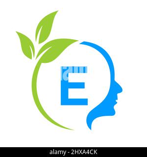 Tree Brain auf E-Letter Logo Design. Blattkopfschild Vorlage Gesundheit Und Fitness, Eco Blatt Denkkopf Konzept Vektor Stock Vektor