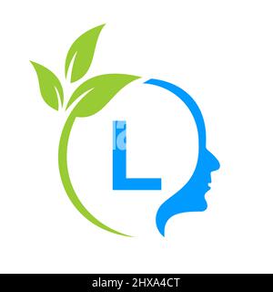 Tree Brain auf L Letter Logo Design. Blattkopfschild Vorlage Gesundheit Und Fitness, Eco Blatt Denkkopf Konzept Vektor Stock Vektor