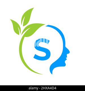 Baum Gehirn auf S Buchstabe Logo Design. Blattkopfschild Vorlage Gesundheit Und Fitness, Eco Blatt Denkkopf Konzept Vektor Stock Vektor