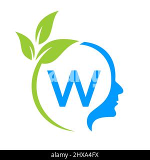 Tree Brain auf W Letter Logo Design. Blattkopfschild Vorlage Gesundheit Und Fitness, Eco Blatt Denkkopf Konzept Vektor Stock Vektor