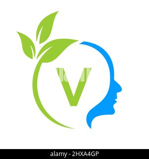 Baum Gehirn auf V Buchstabe Logo Design. Blattkopfschild Vorlage Gesundheit Und Fitness, Eco Blatt Denkkopf Konzept Vektor Stock Vektor