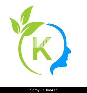 Baum Gehirn auf K Buchstabe Logo Design. Blattkopfschild Vorlage Gesundheit Und Fitness, Eco Blatt Denkkopf Konzept Vektor Stock Vektor