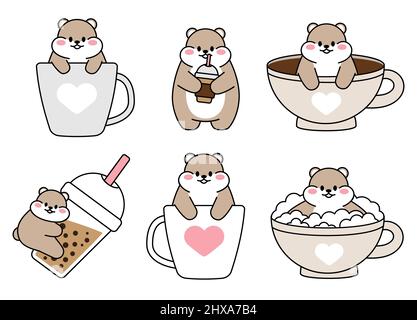 Set von niedlichen gezeichneten Hamstern. Kawaii Hamster in einer großen Tasse Kaffee Tee. Sammlung von Avataren Maskottchen lustigen Charakter Tier Aufkleber auf weiß isoliert Stock Vektor