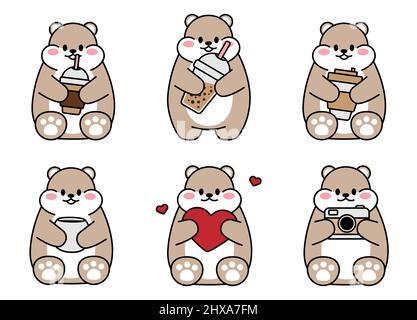Set von niedlichen gezeichneten Hamstern. Kawaii Hamster trinkt Kaffee Tee und liebt. Sammlung von Avataren Maskottchen lustigen Charakter Tier Aufkleber isoliert auf Stock Vektor