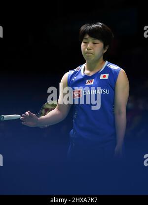Mülheim, Deutschland. 10. März 2022. Yamaguchi Akane aus Japan reagiert beim zweiten Frauenspiel gegen He Bingjiao aus China beim Badmintonturnier Yonex German Open 2022 in Mülheim, Deutschland, 10. März 2022. Quelle: Lu Yang/Xinhua/Alamy Live News Stockfoto