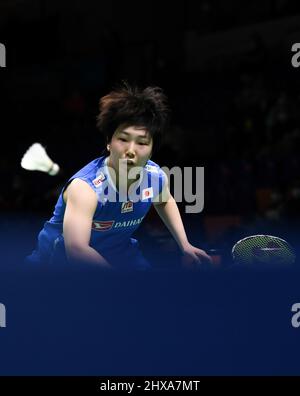 Mülheim, Deutschland. 10. März 2022. Yamaguchi Akane aus Japan kehrt beim zweiten Frauenspiel gegen He Bingjiao aus China beim Badmintonturnier der Yonex German Open 2022 in Mülheim, Deutschland, am 10. März 2022 zurück. Quelle: Lu Yang/Xinhua/Alamy Live News Stockfoto