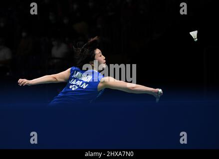 Mülheim, Deutschland. 10. März 2022. Yamaguchi Akane aus Japan kehrt beim zweiten Frauenspiel gegen He Bingjiao aus China beim Badmintonturnier der Yonex German Open 2022 in Mülheim, Deutschland, am 10. März 2022 zurück. Quelle: Lu Yang/Xinhua/Alamy Live News Stockfoto