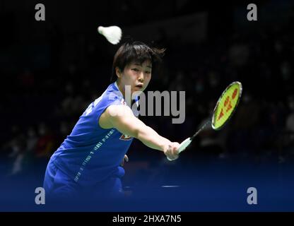 Mülheim, Deutschland. 10. März 2022. Yamaguchi Akane aus Japan kehrt beim zweiten Frauenspiel gegen He Bingjiao aus China beim Badmintonturnier der Yonex German Open 2022 in Mülheim, Deutschland, am 10. März 2022 zurück. Quelle: Lu Yang/Xinhua/Alamy Live News Stockfoto