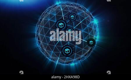 Blaue Polygonalkugel Spinnend. Lager. Abstrakter Neonball aus Linien. Stockfoto