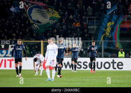 Bergamo, Italien, 10. März 2022. Ruslan Malinovskyj Mittelfeldspieler für Atalanta B.C. feiert nach dem Tor während des Europa League Fußballspiels zwischen Atalanta und Leverkusen. Quelle: Stefano Nicoli/Speed Media/Alamy Live News Stockfoto