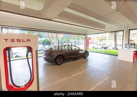 Tesla Autosalon in Sydney mit 2022 Tesla Modell 3 in Silber-Metallic auf dem Display neben tesla Ladegerät, Sydney, Australien Stockfoto