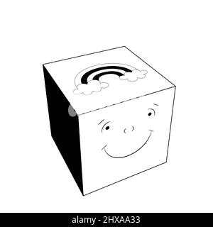Happy Cartoon Cube mit Augen, 3D geometrische Form schwarz-weiß Illustration isoliert auf weißem Hintergrund Stockfoto