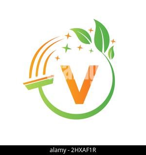Reinigungsservice, Frauenmädchen Logo auf Brief V. Clean House Zeichen, Fresh Clean Logo Vorlage mit V Brief Vektor Stock Vektor