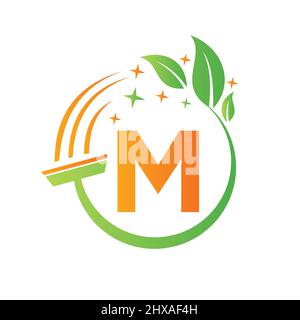 Reinigungsservice, Frauenmädchen Logo auf Brief M. Clean House Zeichen, Fresh Clean Logo Vorlage mit M Brief Vektor Stock Vektor