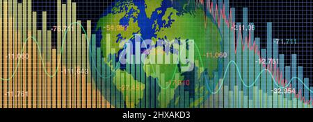 Das Konzept der globalen wirtschaftlichen Rezession und die Depression der Weltkonjunktur als finanzieller Verlust und Börsencrash oder der Rückgang der Wirtschaft als Abwärtsfinanzierung. Stockfoto