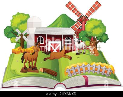 Öffnen Sie Buch Bauernhof Thema auf weißem Hintergrund Illustration Stock Vektor
