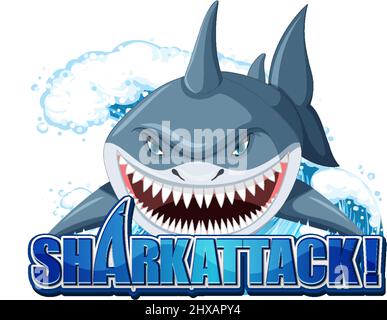 Shark Attack Schrift-Logo mit Cartoon aggressive Shark Illustration Stock Vektor