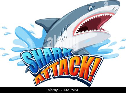 Shark Attack Schrift-Logo mit Cartoon aggressive Shark Illustration Stock Vektor