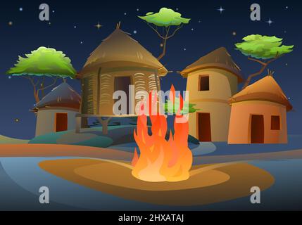 Nacht am Feuer. Afrika-Dorf. Ländliche Häuser aus Lehm und Stroh. Afrikanische Landschaft. Akazienbäume. Vektor. Stock Vektor