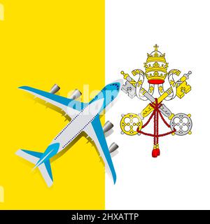 Flugzeug und Flagge des Heiligen Stuhls der Vatikanstadt. Reisekonzept für Design. Das Flugzeug fliegt über die Flagge des Vatikans. Stock Vektor