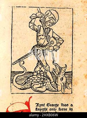 Holzschnitt aus dem 15.. Jahrhundert, in dem der heilige Georg den Drachen tötete, wie er von William Caxton ( 1422-1491/92) in seiner Übersetzung von 'die goldene Legende' oder 'so endet die legende, die in Latyn legenda aurea genannt wird, also in Englysshe die goldene legende' von Jacobus, de Voragine, gedruckt wurde (um 1229-1298). Stockfoto