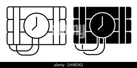 Lineares Symbol von Zylinder mit Dynamit. Zeitschaltuhr an, mit Uhr an Sprengstoff. Einfacher Schwarz-Weiß-Vektor auf weißem Hintergrund isoliert Stock Vektor