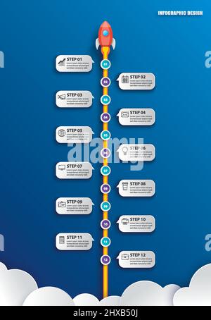 Infografiken zum Start mit der Datenvorlage 12. Vektor-Illustration abstrakte Rakete Papierkunst auf blauem Hintergrund. Kann für Planung, Strategie und Arbeit verwendet werden Stock Vektor