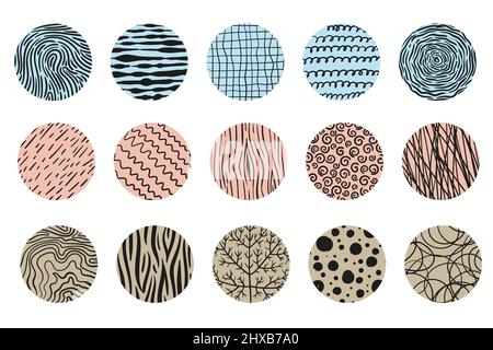 Set von runden abstrakten Formen, Hintergründen, Mustern, Symbolen für soziale Netzwerke. Gezeichnete Doodle-Formen, Kurven, Linien, Punkte, Tropfen. Modischer, moderner Trend. Vektorgrafik Stock Vektor