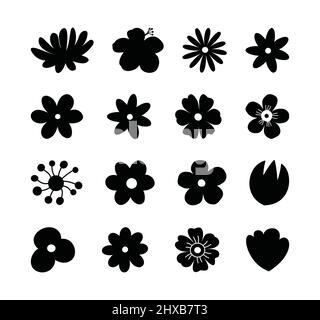 Set mit Blumenblüten-Silhouette. Handgezeichnet mit Blättern und Blumen auf weißem Hintergrund. Stock Vektor