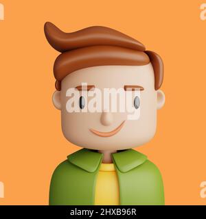 3D Illustration eines lächelnden kaukasischen Mannes. Cartoon Nahaufnahme Porträt von stehenden kaukasischen Mann auf einem gelben Hintergrund. 3D Avatar für ui ux. Stockfoto