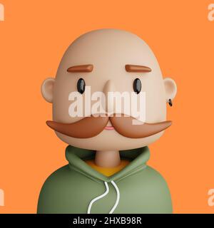 3D Illustration eines lächelnden, kahlköpfigen kaukasischen Mannes. Cartoon Nahaufnahme Porträt von stehenden kaukasischen Mann auf einem orangen Hintergrund. 3D Avatar für ui ux. Stockfoto