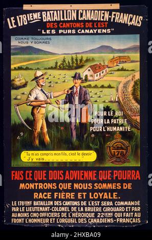 Le 178ieme Bataillon Canadien-Français des Cantons de l'est - Poster mit Vater und Sohn auf dem Feld ihrer Farm - Ottawa 1915. Stockfoto