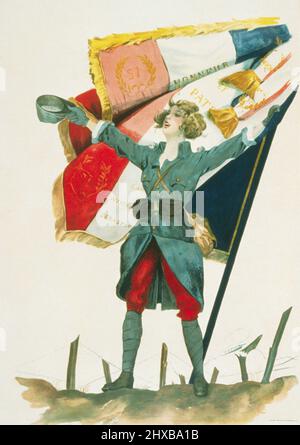 Vive la France! Frau (Symbol Frankreichs) in französischer Militäruniform mit französischer Flagge. Paris 1918. Kunst von F. A. Crepaux. Stockfoto