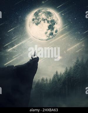 Heulender Wolf auf der Spitze einer Klippe über dem Nachthimmel Hintergrund mit leuchtendem Vollmond. Wildlife-Szene mit fallenden Sternen über dem Nadelwald. Stockfoto