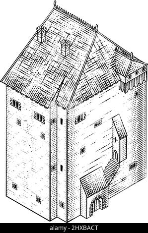 Mittelalterliche Gebäudekarte Symbol Vintage Illustration Stock Vektor