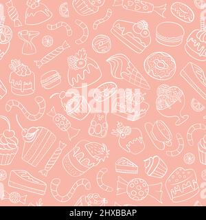 Nahtloses Muster mit Kuchen und Süßigkeiten. Handgezeichnete Doodle-Desserts auf rosa Hintergrund. Vektorgrafik. Stock Vektor
