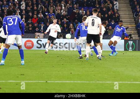 Leicester, Großbritannien. 10. März 2022. Leicester City Stürmer Kelechi Iheanacho (14) erzielt ein Tor 2-0 während der UEFA Conference League, Runde von 16, 1. Bein Fußballspiel zwischen Leicester City und Stade Rennais (Rennes) am 10. März 2022 im King Power Stadium in Leicester, England - Foto: John Mallett/DPPI/LiveMedia Kredit: Independent Photo Agency/Alamy Live News Stockfoto