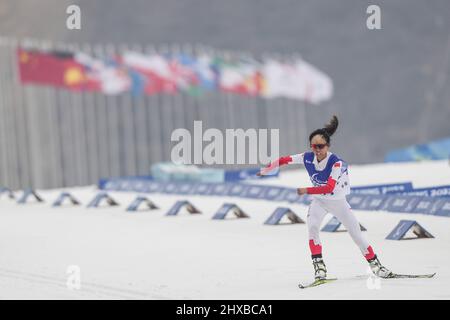 Zhangjiakou, Chinas Provinz Hebei. 11. März 2022. Zhao Zhiqing aus China tritt am 11. März 2022 im Nationalen Biathlon-Zentrum in Zhangjiakou, der nordchinesischen Provinz Hebei, bei der Einzelveranstaltung der Biathlon-Frauen der Paralympischen Winterspiele 2022 in Peking an. Quelle: Peng Ziyang/Xinhua/Alamy Live News Stockfoto