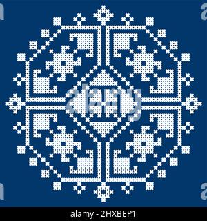 Zmijanski vez Bosnien und Herzegowina Kreuzstich-Stil Vektor-Design quadratische Ornament - traditionelle Volkskunst-Design in weiß auf marineblau Stock Vektor